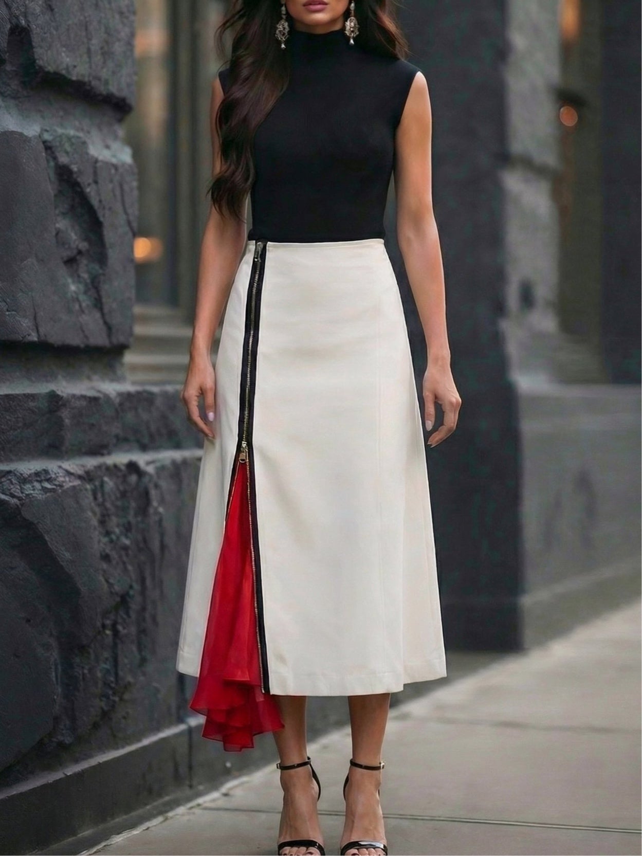 Semi-High-Neck Top and Asymmetrical Zip-Paneled Skirt Set