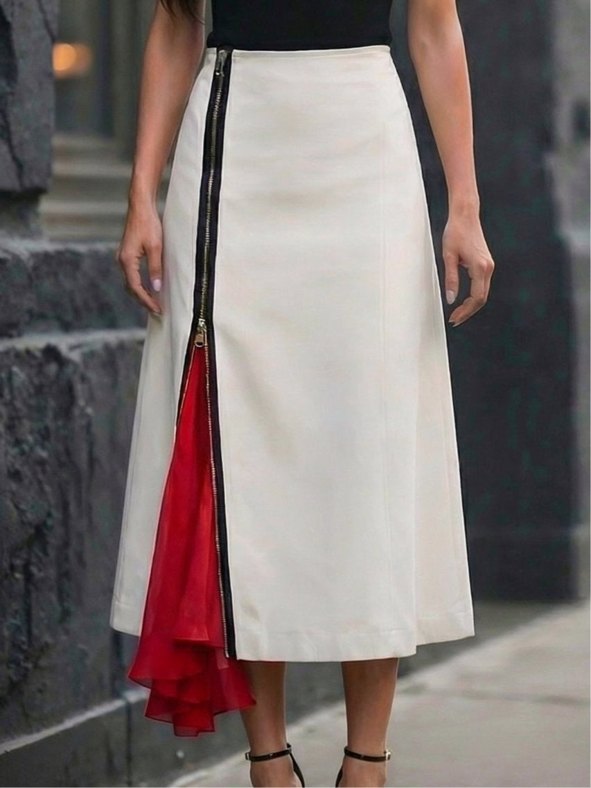 Semi-High-Neck Top and Asymmetrical Zip-Paneled Skirt Set