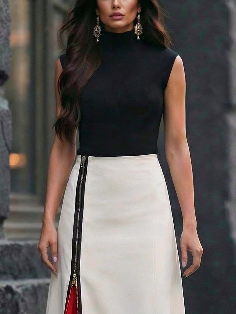 Semi-High-Neck Top and Asymmetrical Zip-Paneled Skirt Set
