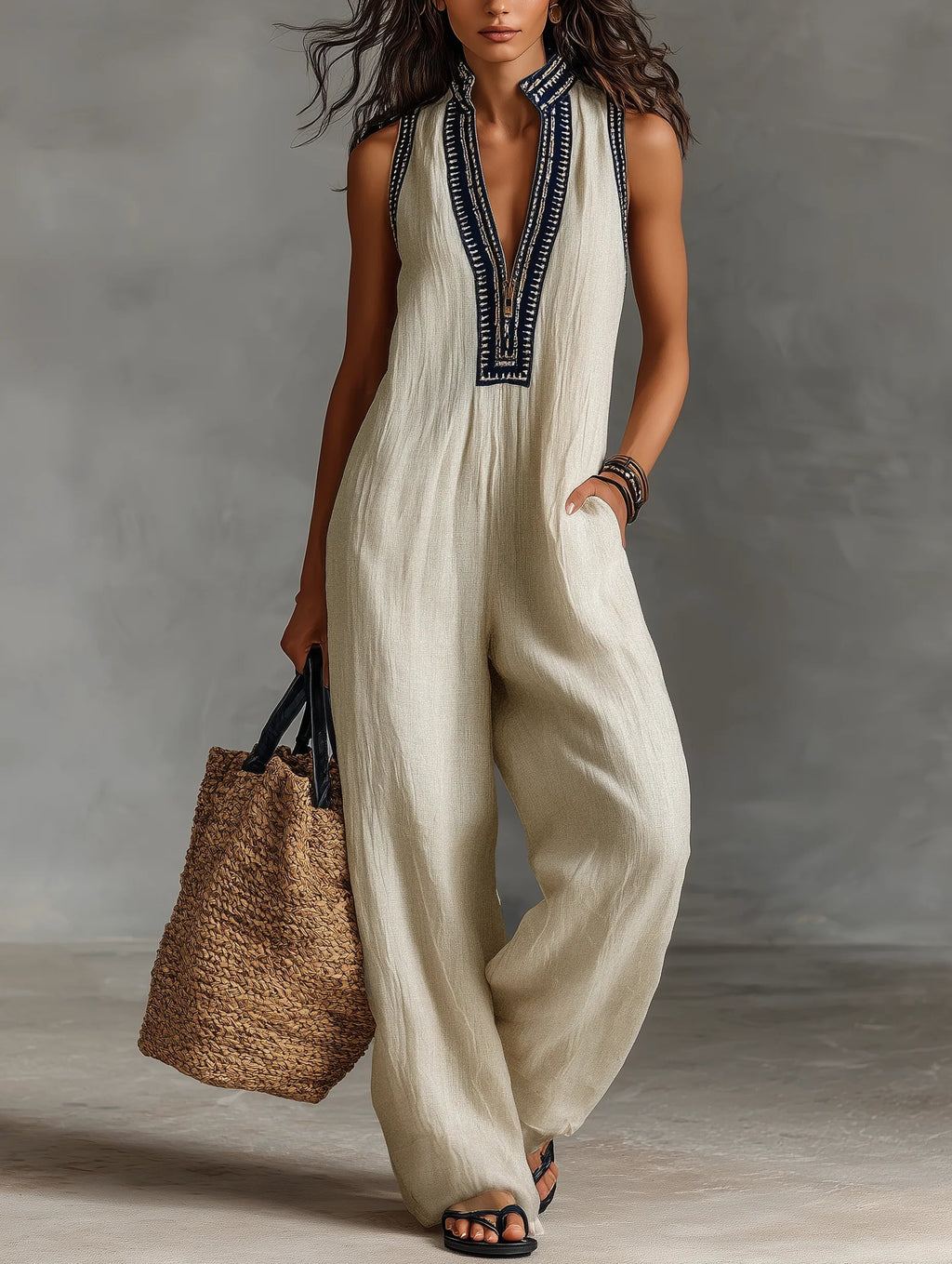 Minimalist Sleeveless Jumpsuit with Stand-Up Collar and Zipper