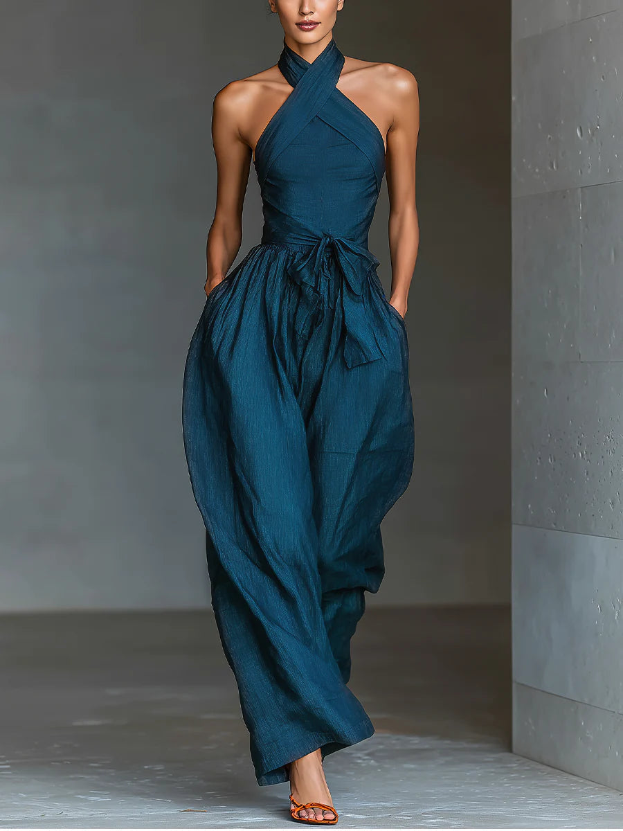 Women's Navy Blue Wide-Leg Jumpsuit with Cross-Back and Side Pockets