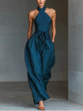 Women's Navy Blue Wide-Leg Jumpsuit with Cross-Back and Side Pockets