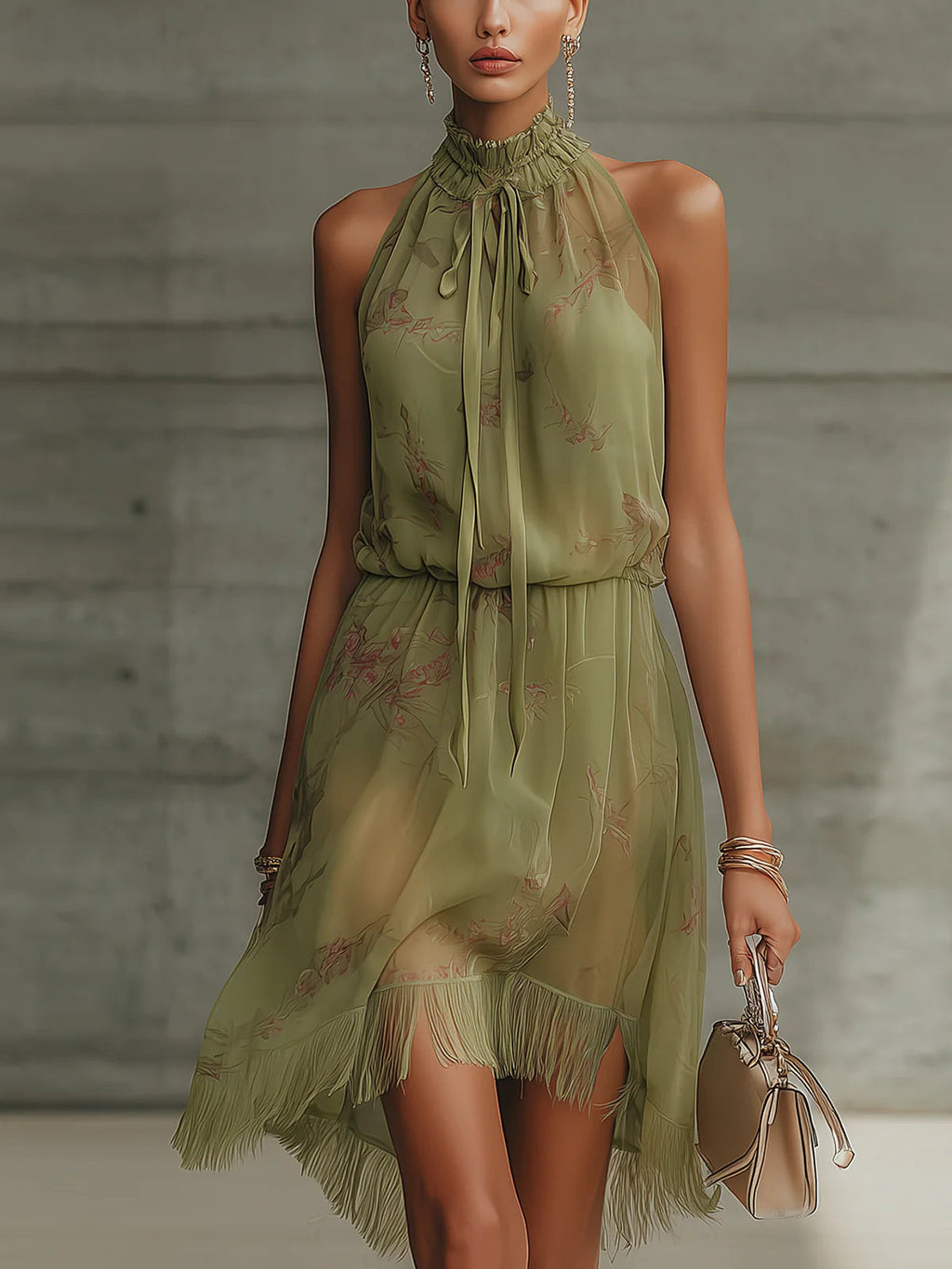 Abito in Chiffon Mini con Fiocco in Vita a Fiori Verdi