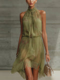 Abito in Chiffon Mini con Fiocco in Vita a Fiori Verdi