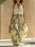 Vacation Chiffon Ruffled Sleeveless Top and Lily Print Pants Set