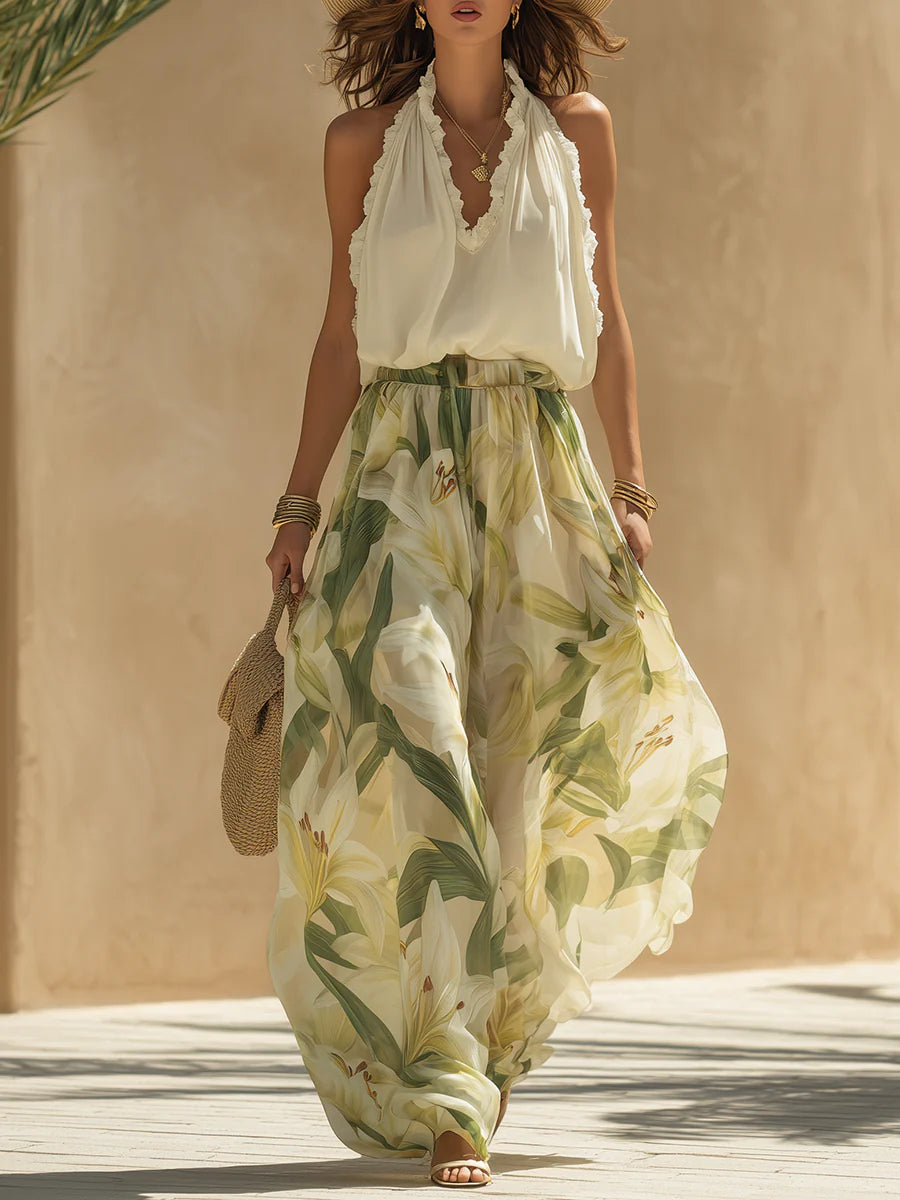 Vacation Chiffon Ruffled Sleeveless Top and Lily Print Pants Set