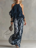 Navy Halter-Neck Top and Printed Wide-Leg Pants Chiffon Set