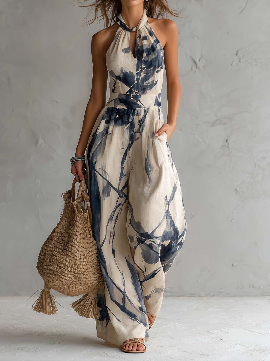 Wide Leg Halter Neck Jumpsuit with Ink Wash Print and Pockets