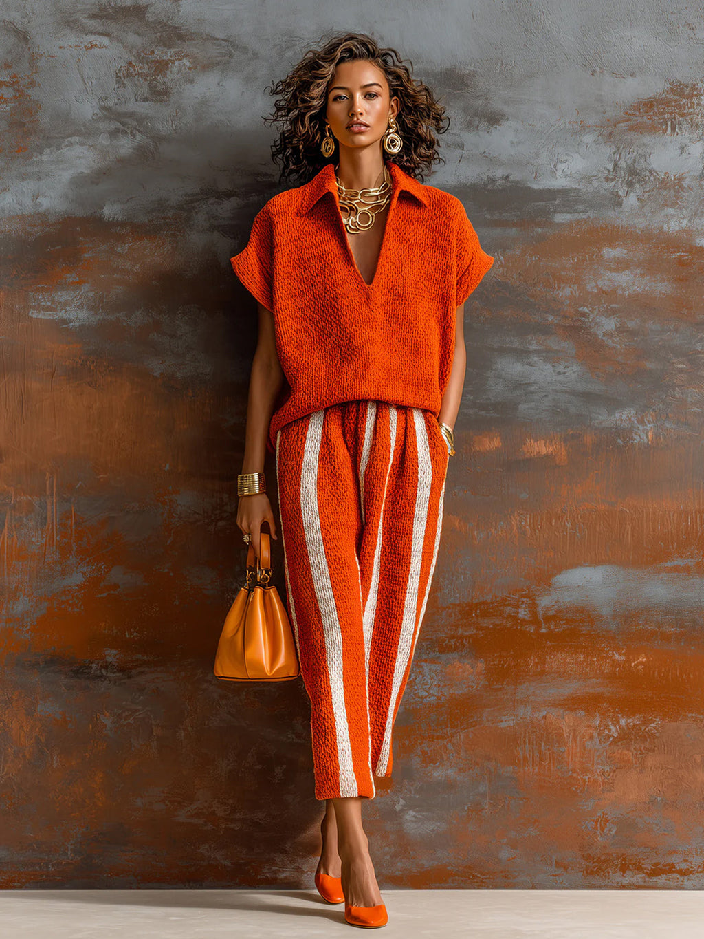 Chic Elegant Orange-White Colorblock Lapel V-Neck Short-Sleeve Loose-Fit Sweater Elastic-Waist Pants Knit Two-Piece Set