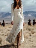 Sexy long sleeve maxi dress with western-style buttons