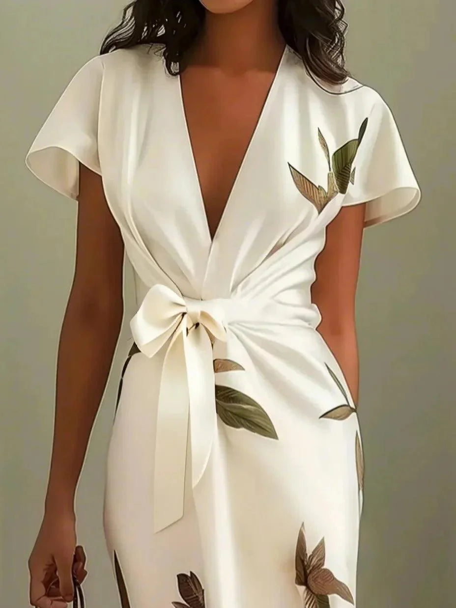 White Satin Leaf Print Short-Sleeve Midi Dress