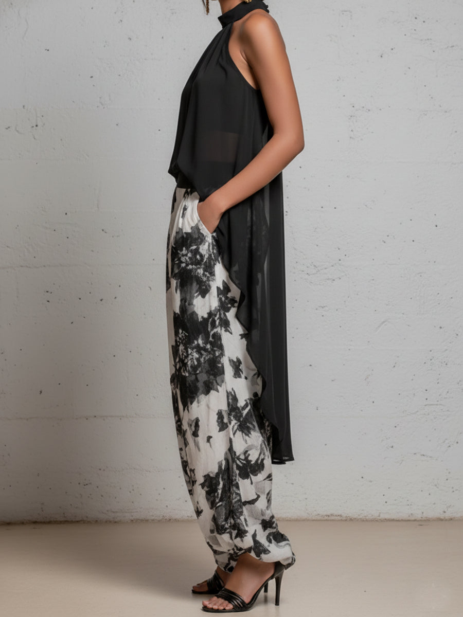 Casual Retro Chiffon Halter-Neck Top And Printed  Pants Set