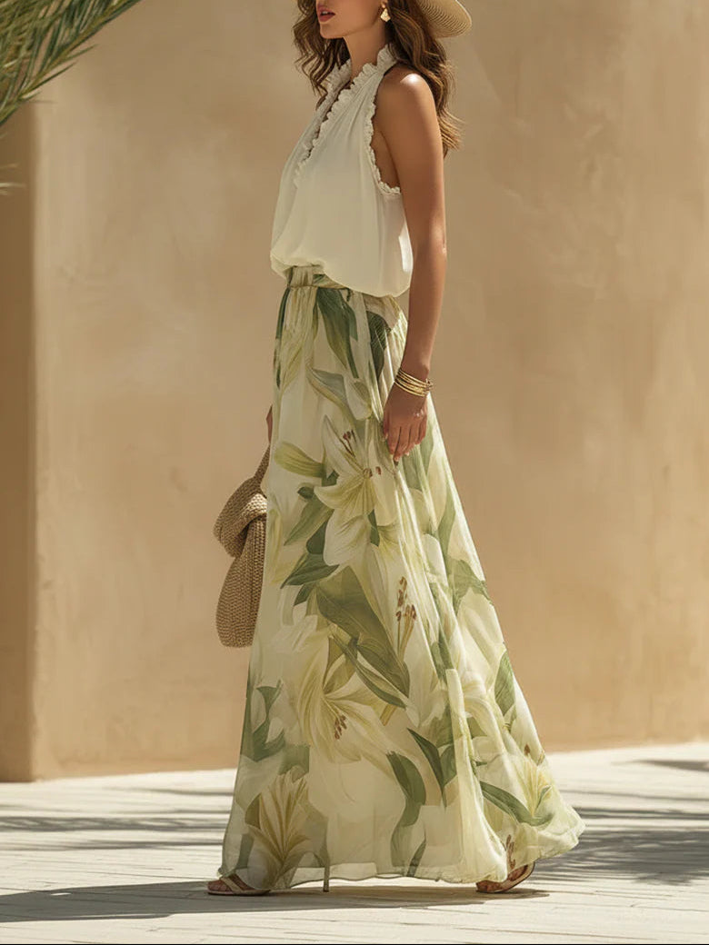 Vacation Chiffon Ruffled Sleeveless Top and Lily Print Pants Set