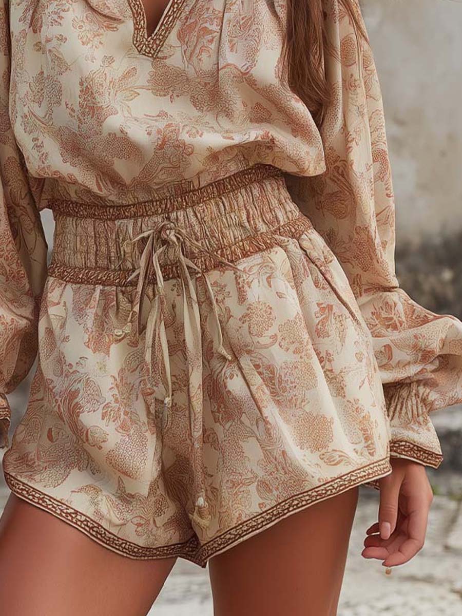 V-Neck Belted Waist Botanical Print Short Jumpsuit