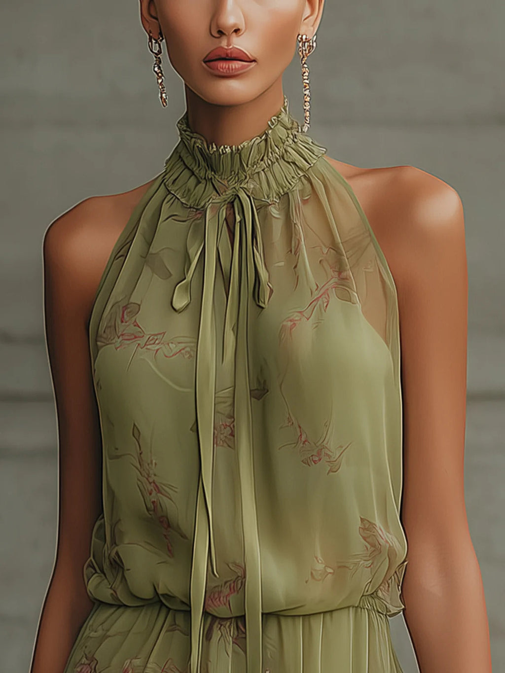 Abito in Chiffon Mini con Fiocco in Vita a Fiori Verdi