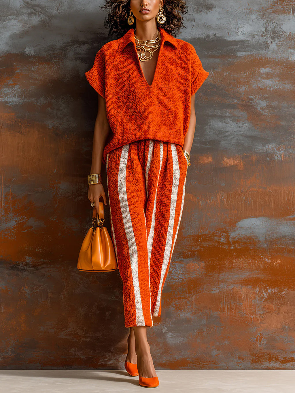 Chic Elegant Orange-White Colorblock Lapel V-Neck Short-Sleeve Loose-Fit Sweater Elastic-Waist Pants Knit Two-Piece Set