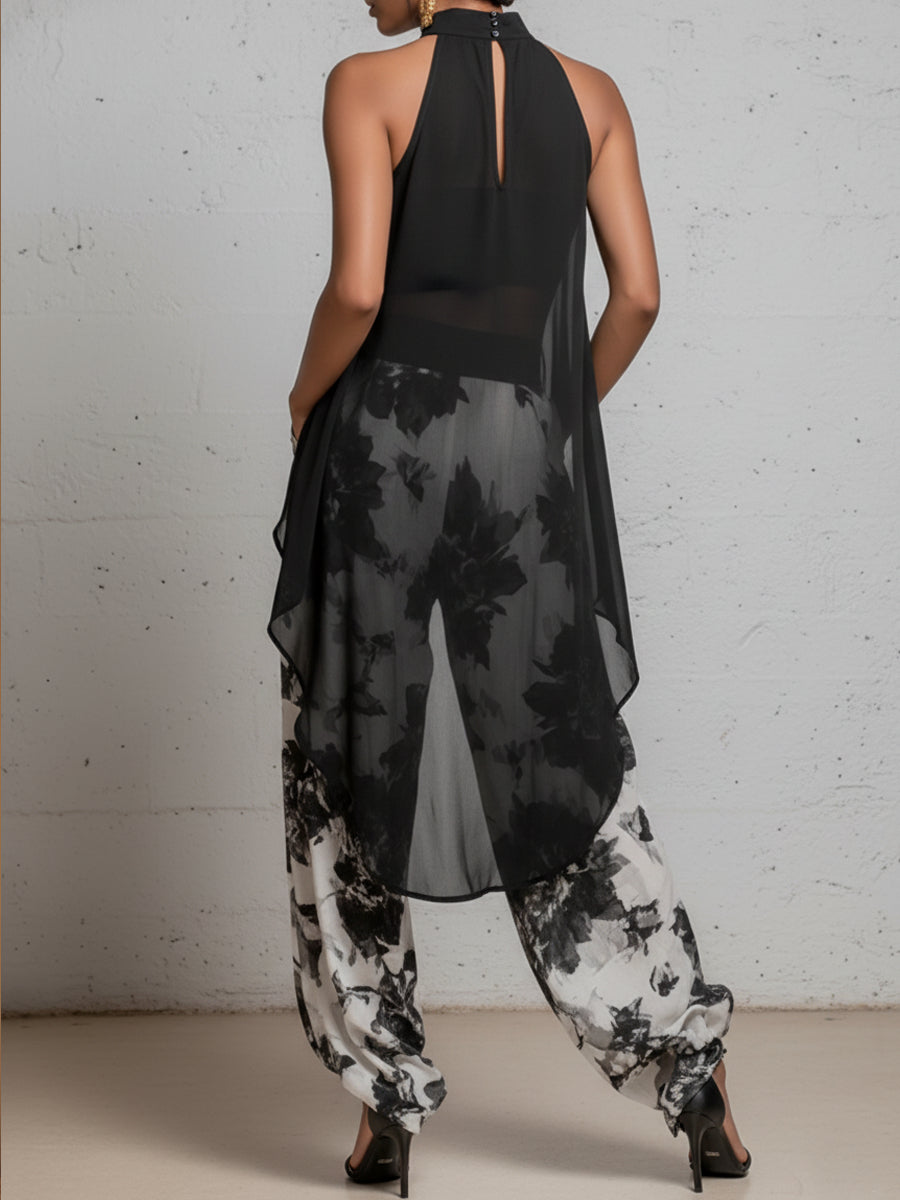 Casual Retro Chiffon Halter-Neck Top And Printed  Pants Set