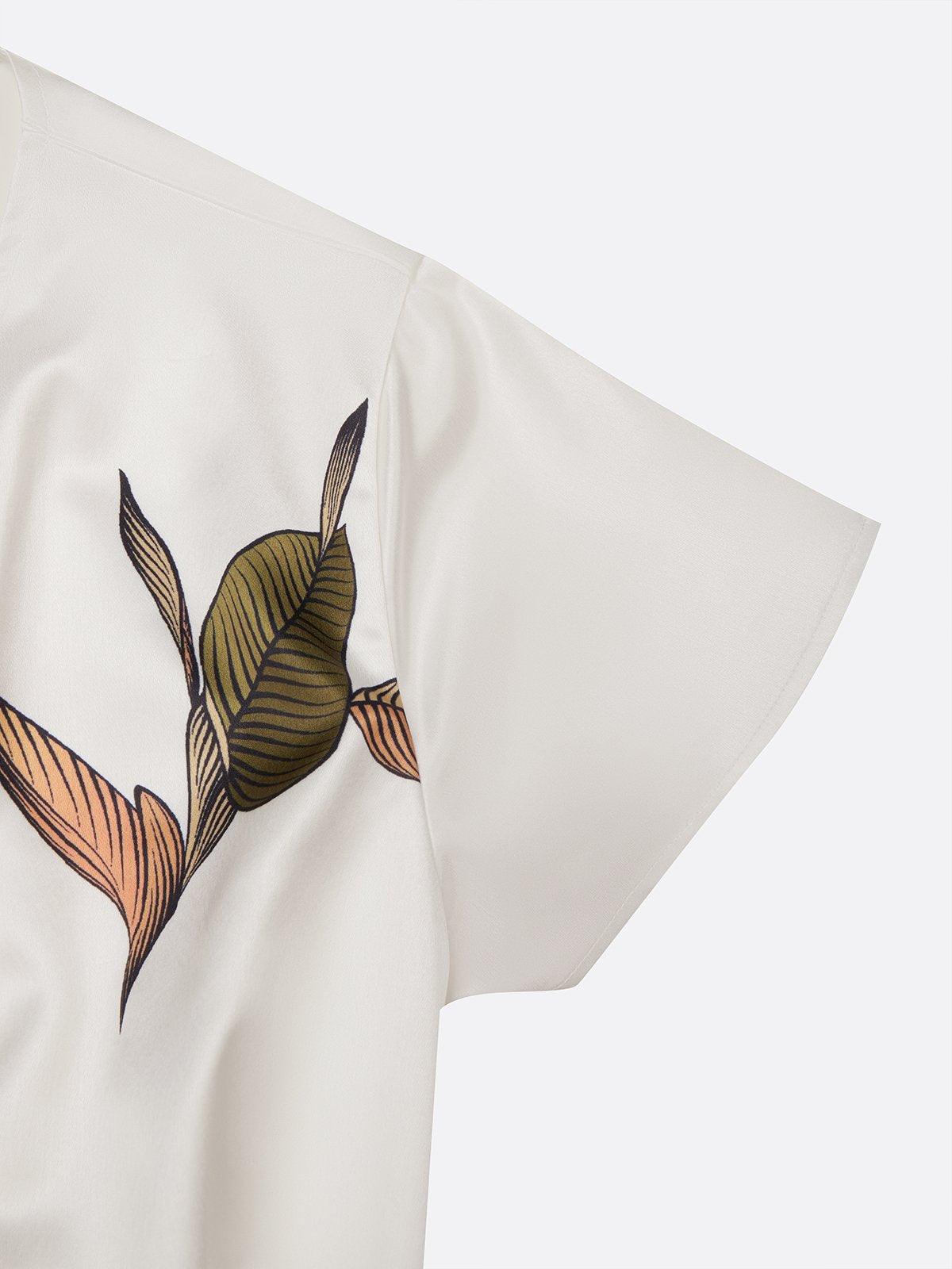 White Satin Leaf Print Short-Sleeve Midi Dress