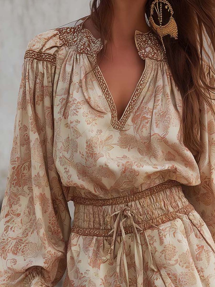V-Neck Leaf Print Waist-Cinching Short Romper