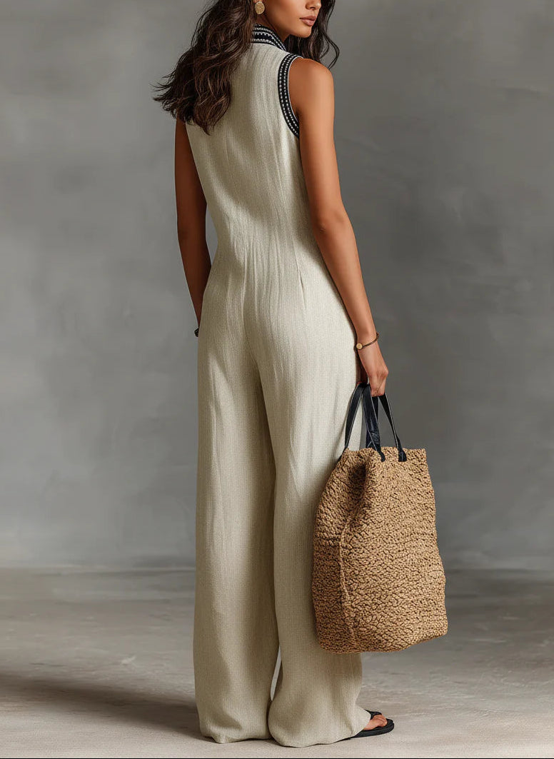 Minimalist Sleeveless Jumpsuit with Stand-Up Collar and Zipper
