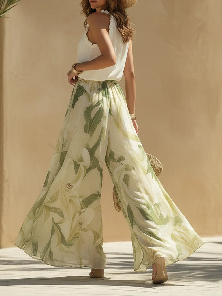 Vacation Chiffon Ruffled Sleeveless Top and Lily Print Pants Set