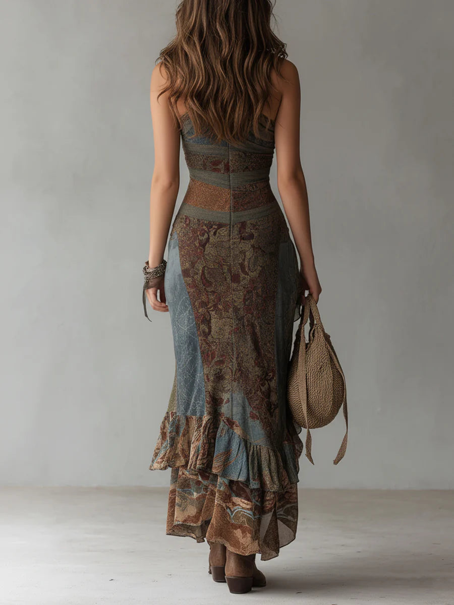 Elena | One-Shoulder Printed Maxi Dress with Slit and Ruffle