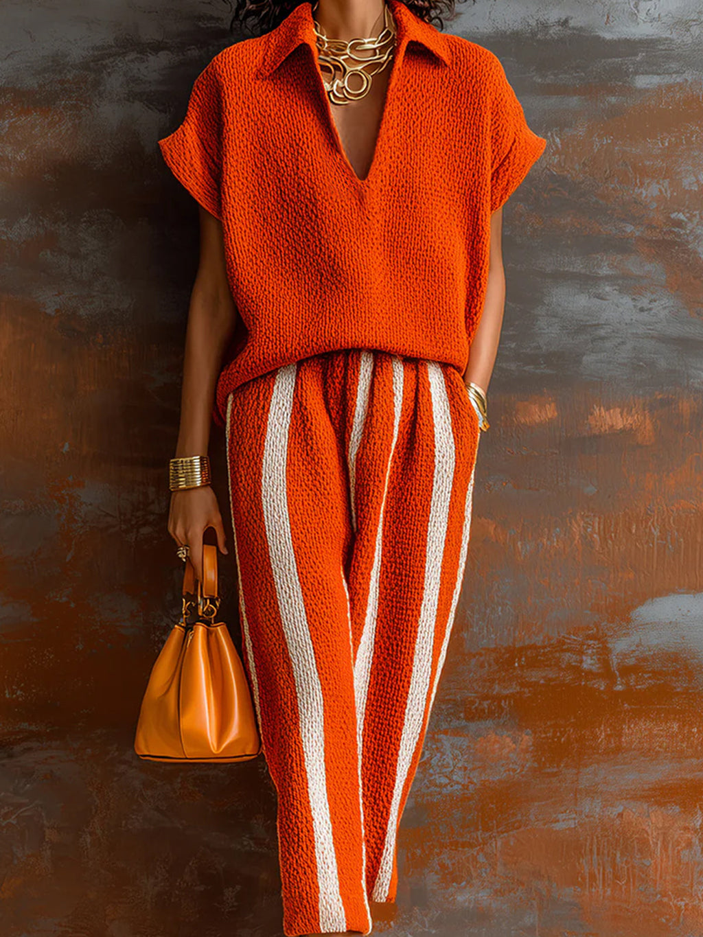 Chic Elegant Orange-White Colorblock Lapel V-Neck Short-Sleeve Loose-Fit Sweater Elastic-Waist Pants Knit Two-Piece Set