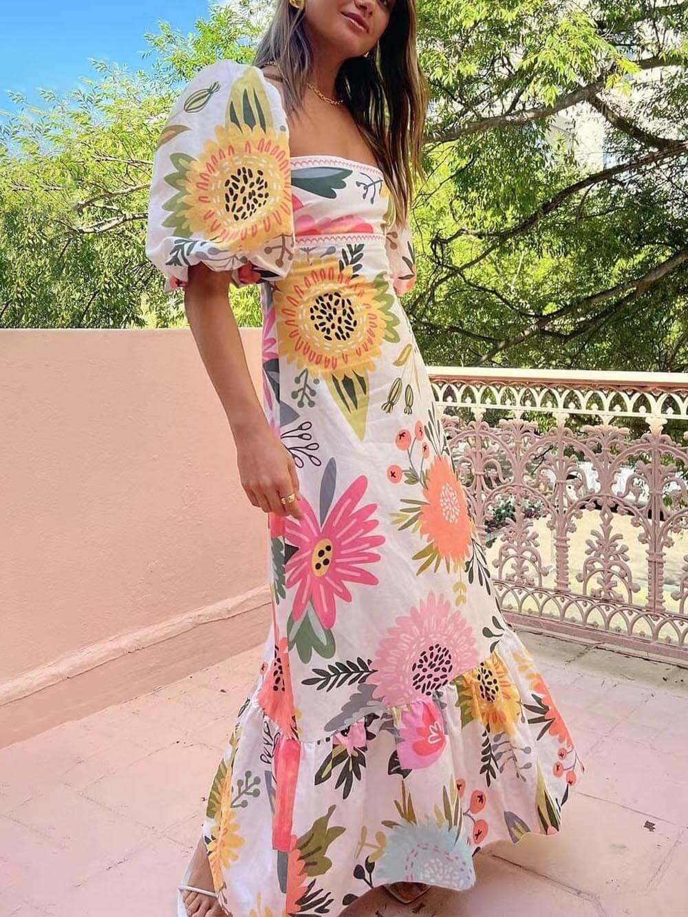 Floral Print Square-Neck Bubble-Sleeve Maxi Dress