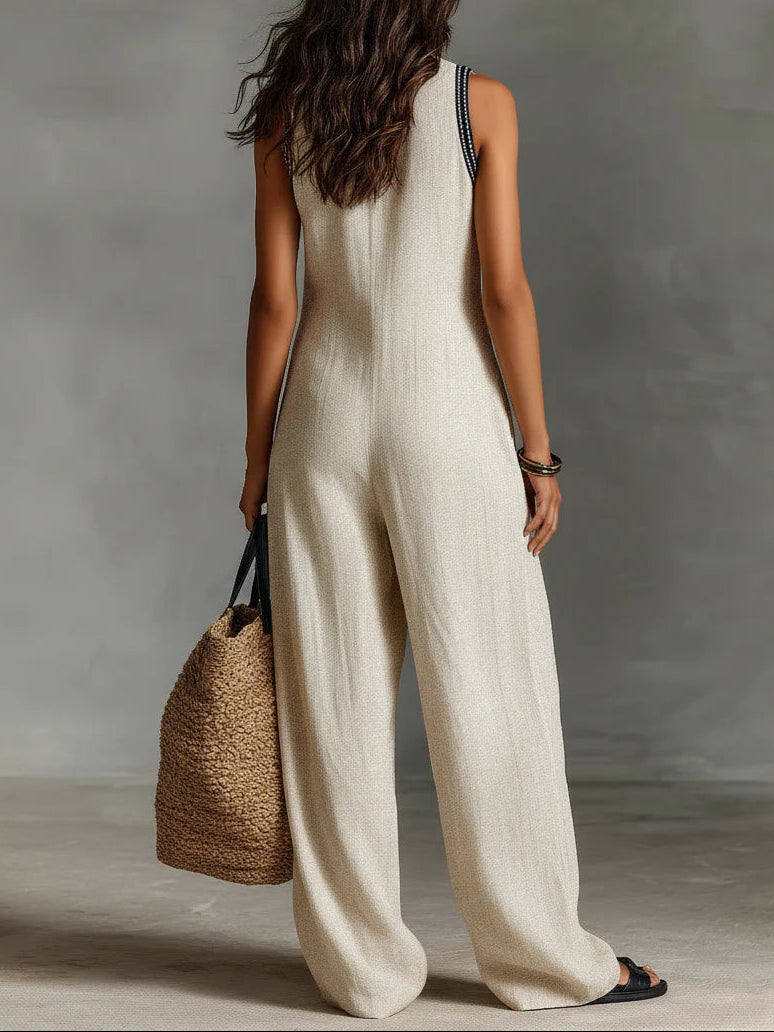 Minimalist Sleeveless Jumpsuit with Stand-Up Collar and Zipper