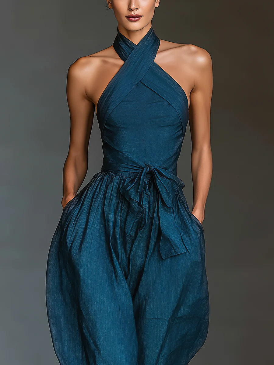 Women's Navy Blue Wide-Leg Jumpsuit with Cross-Back and Side Pockets
