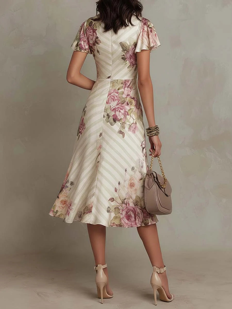 Elegant Vintage Floral Satin Midi Dress