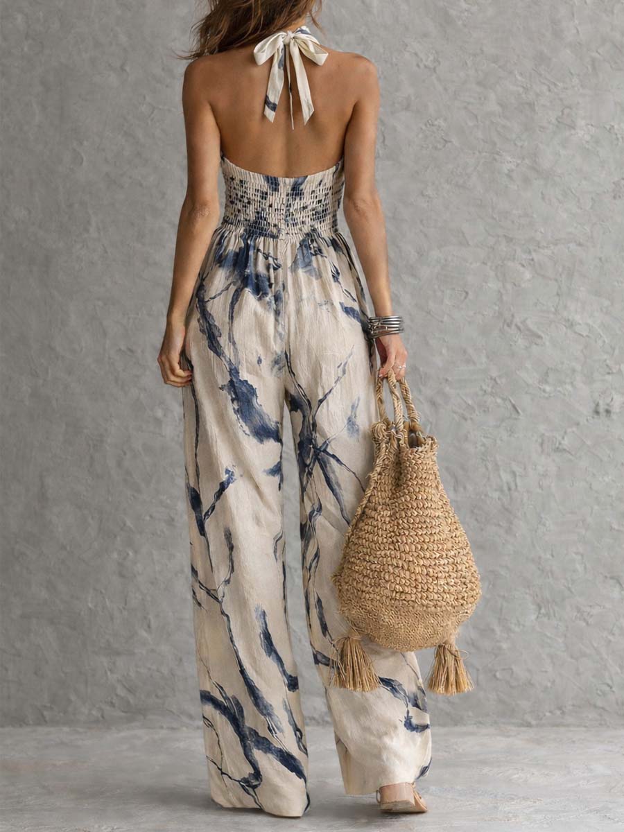 Wide Leg Halter Neck Jumpsuit with Ink Wash Print and Pockets