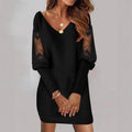 Women's V-Neck Long-Sleeved Printed Lace Patchwork Dress
