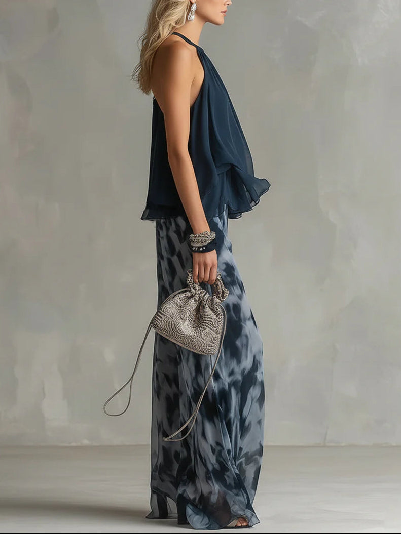 Navy Halter-Neck Top and Printed Wide-Leg Pants Chiffon Set