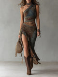 Ethnic Style Printed One-Shoulder Maxi Dress with High Slit