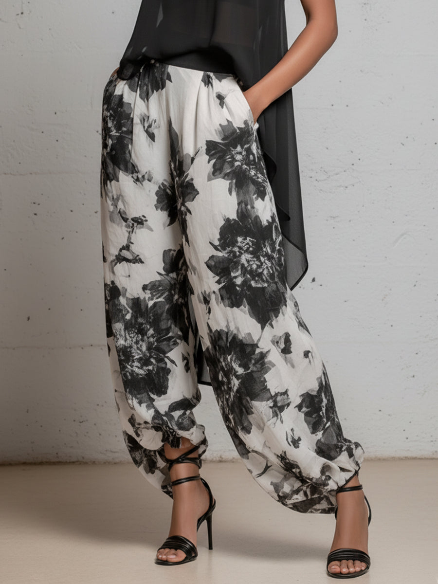 Casual Retro Chiffon Halter-Neck Top And Printed  Pants Set