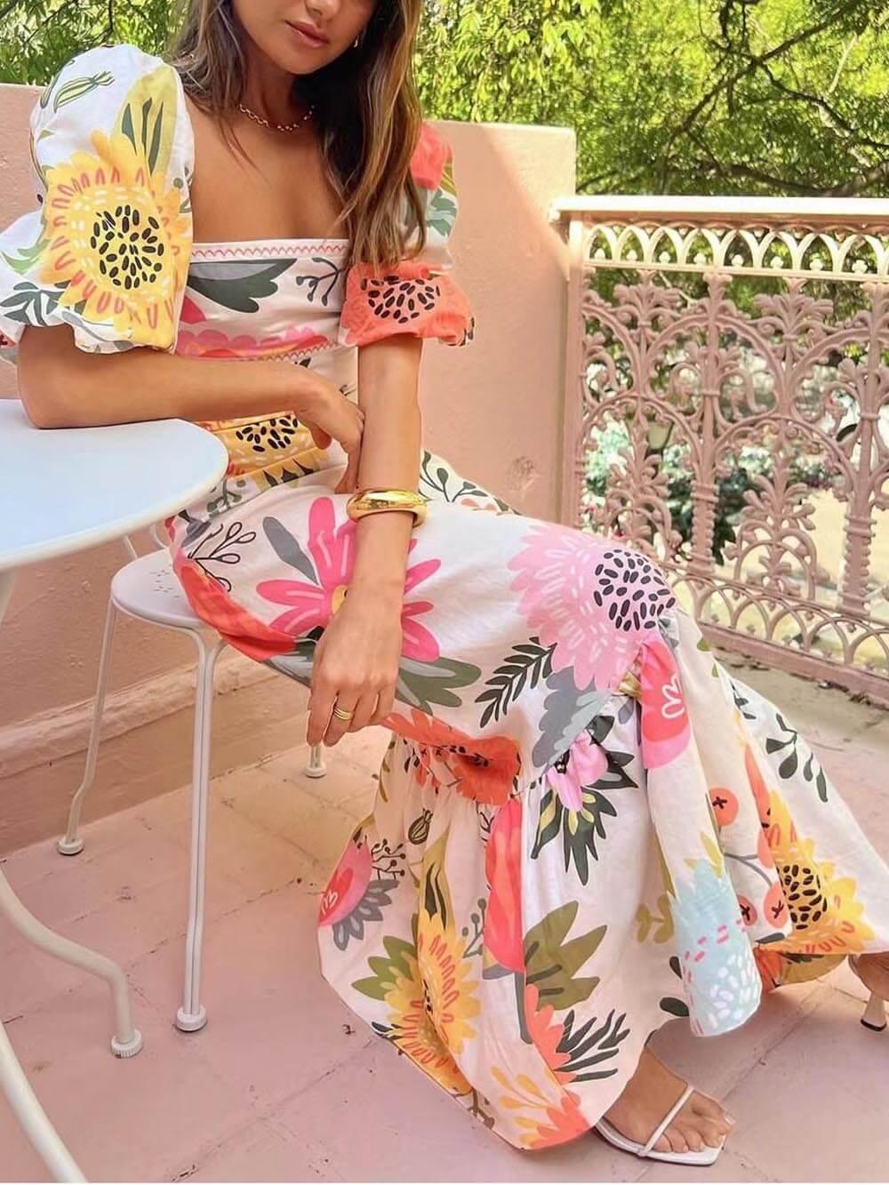Floral Print Square-Neck Bubble-Sleeve Maxi Dress