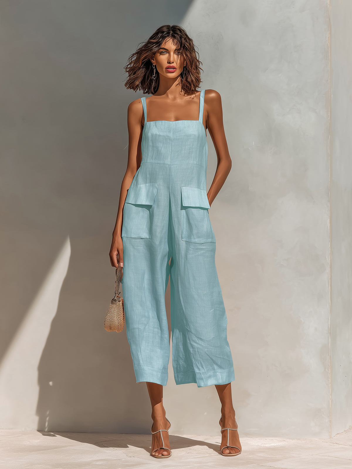 Chic Elegant Pink Cotton Linen Blend Thin Straps Sleeveless  Patch Pockets Loose-Fit Wide-Leg Cropped Jumpsuit