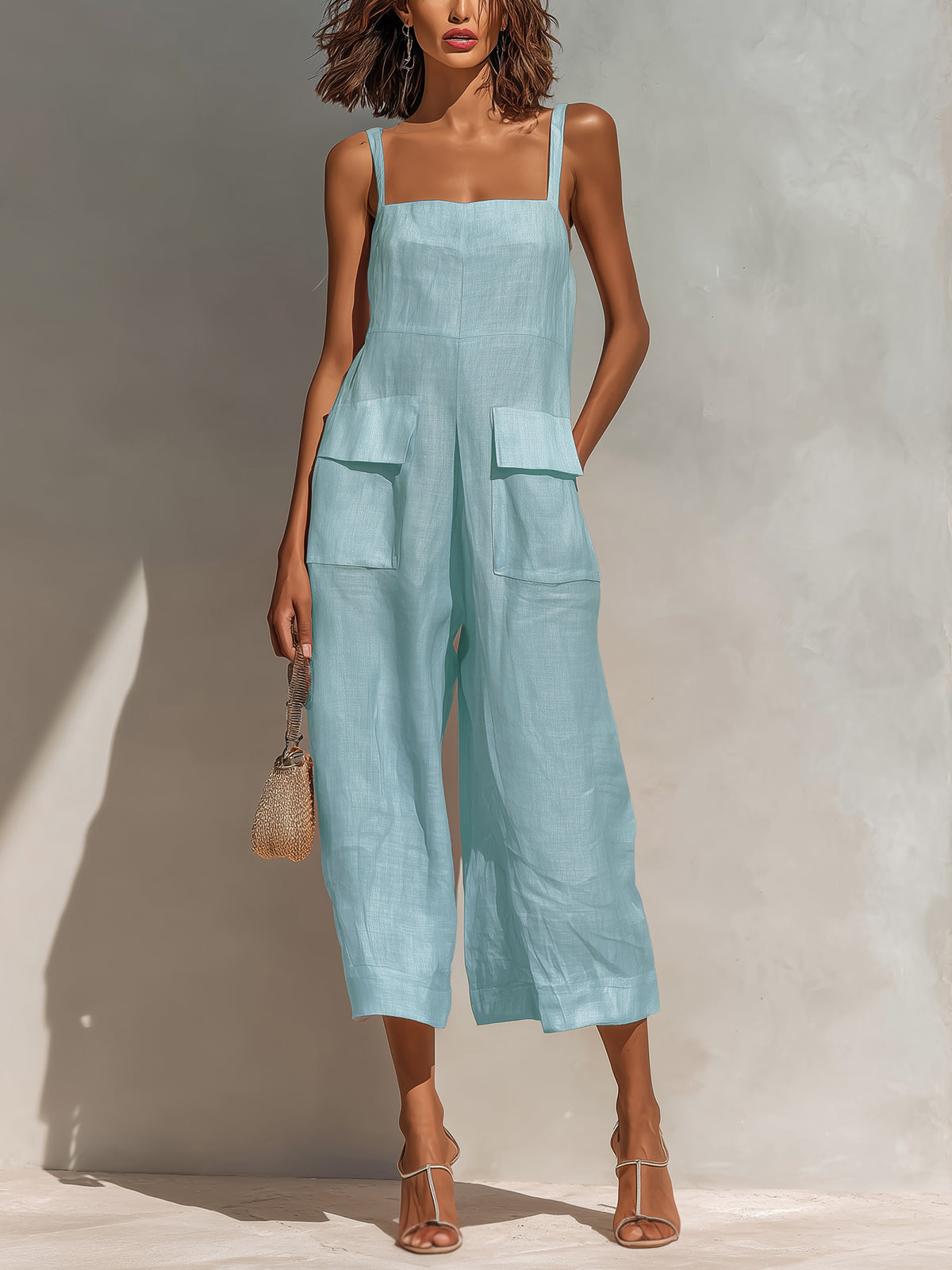 Chic Elegant Pink Cotton Linen Blend Thin Straps Sleeveless  Patch Pockets Loose-Fit Wide-Leg Cropped Jumpsuit