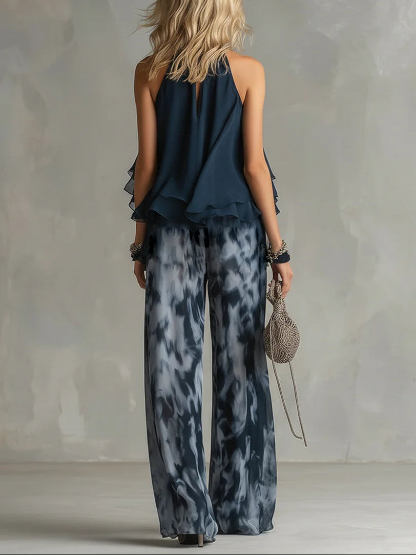 Navy Halter-Neck Top and Printed Wide-Leg Pants Chiffon Set