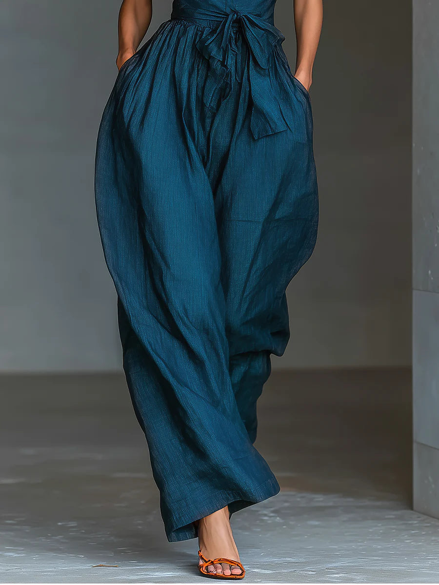 Women's Navy Blue Wide-Leg Jumpsuit with Cross-Back and Side Pockets