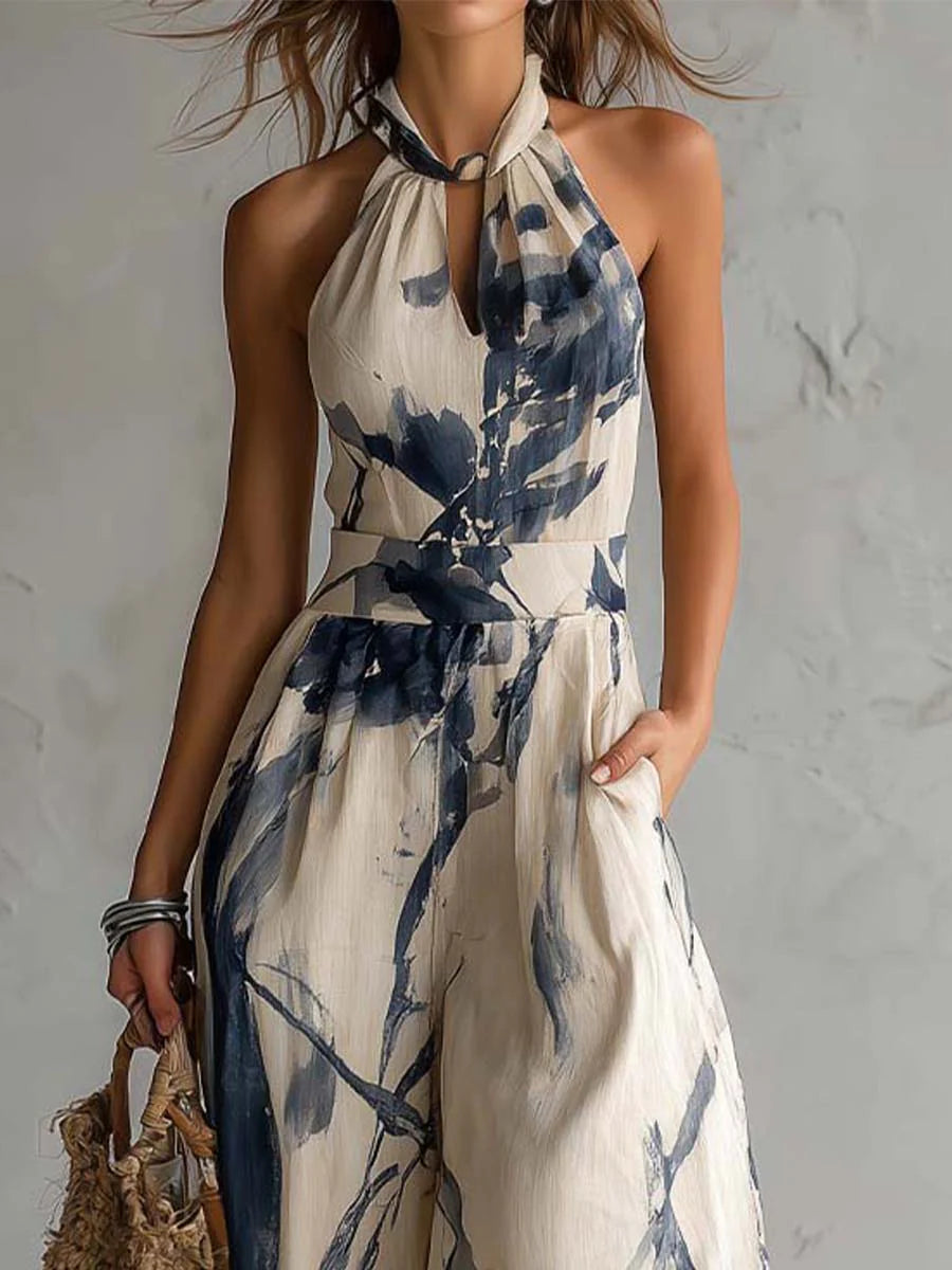 Wide Leg Halter Neck Jumpsuit with Ink Wash Print and Pockets