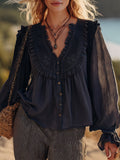 Bohemian Casual Navy Blue Cotton Linen V-Neck Loose Fit Shirt