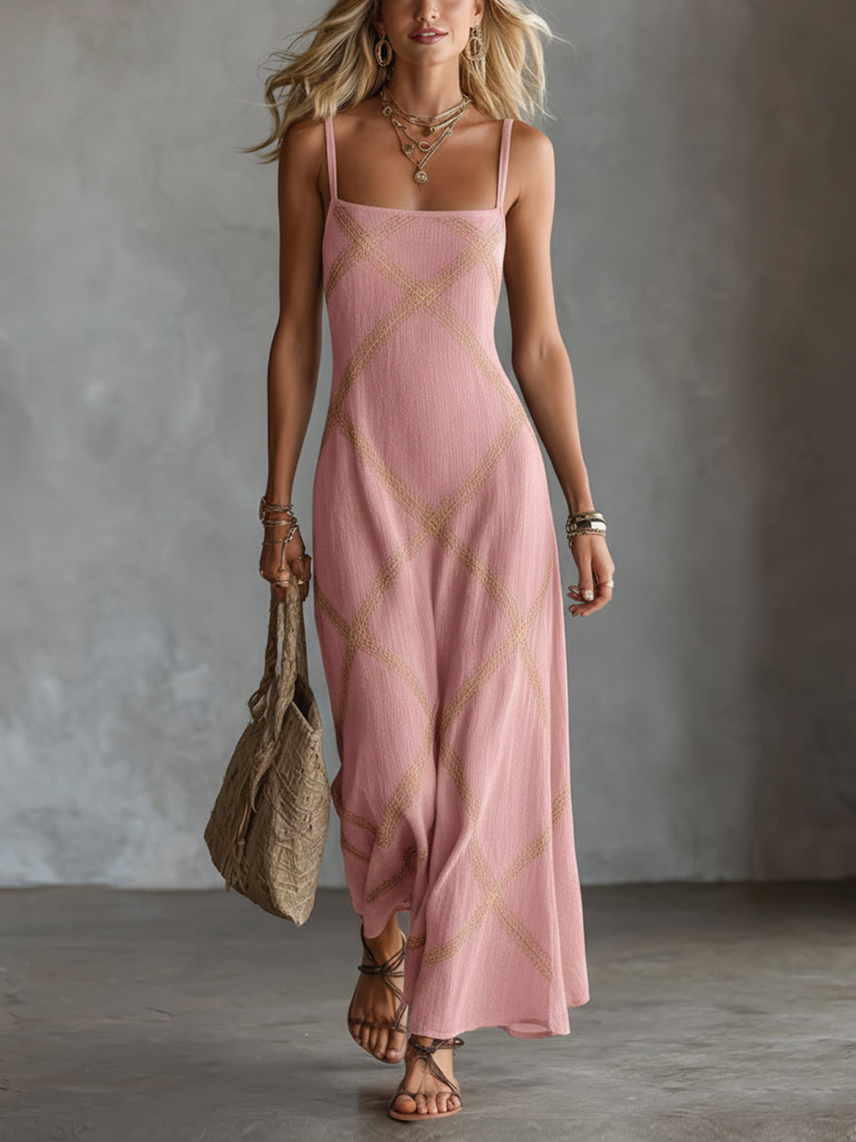 Chic Elegant Black-Camel Geometrical Printed Spaghetti Straps Square-Neck Sleeveless A-Line Maxi Dress