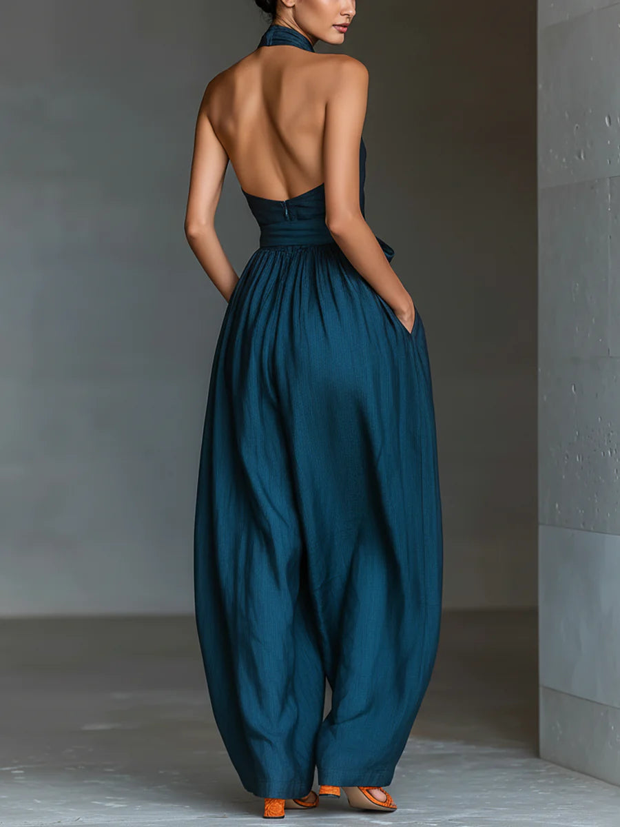 Women's Navy Blue Wide-Leg Jumpsuit with Cross-Back and Side Pockets