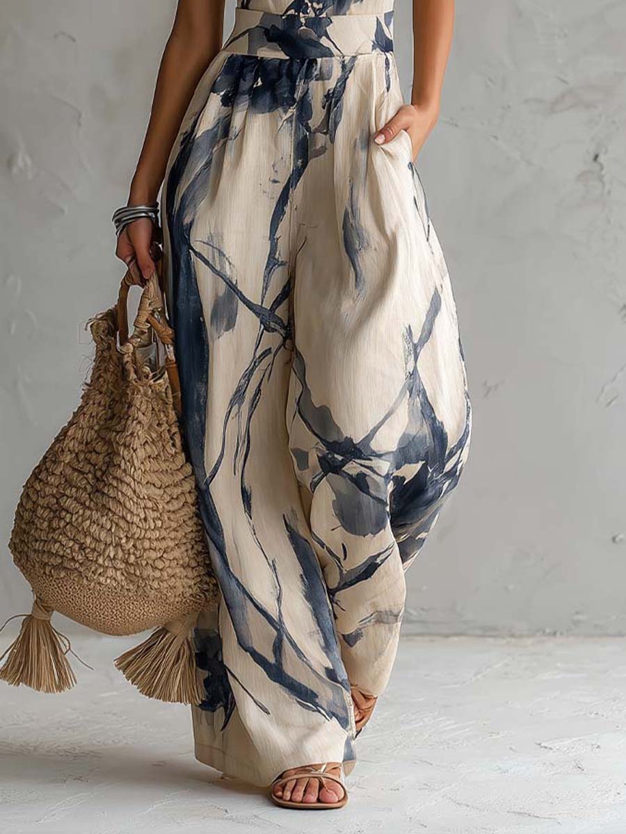 Wide Leg Halter Neck Jumpsuit with Ink Wash Print and Pockets