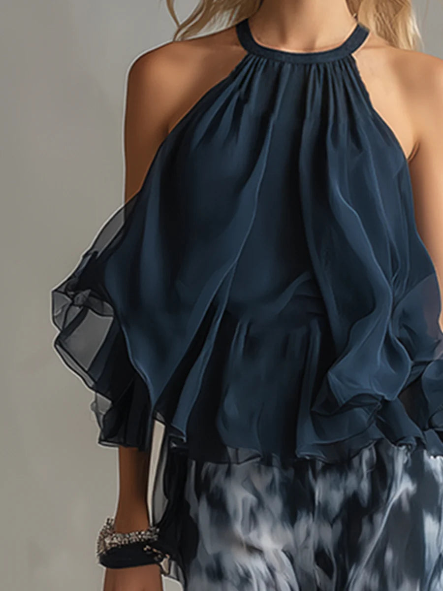 Navy Halter-Neck Top and Printed Wide-Leg Pants Chiffon Set