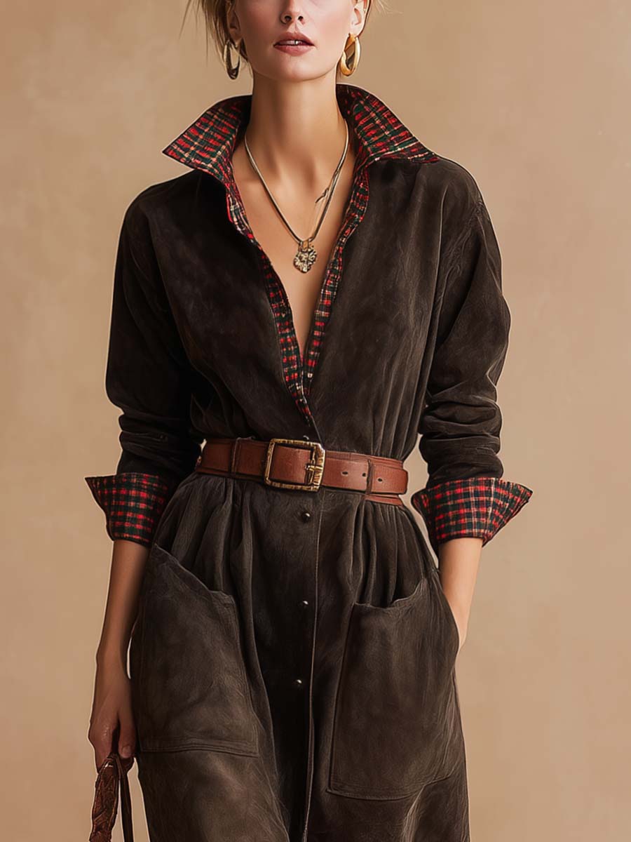 Retro Dark Brown Suede Patchwork Plaid Collared Dress (Belt Included)