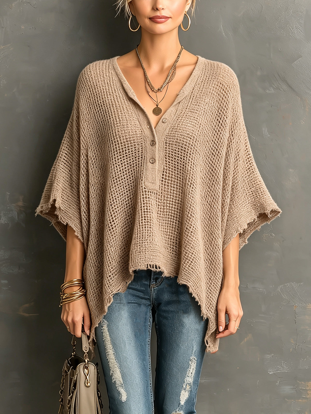 Chic Casual Black Henley Collar Dropped Shoulder Batwing-Sleeve Raw Edge Detail Loose-Fit Sweater