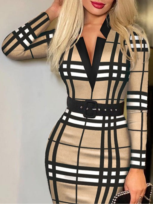Stylish Plaid V-Neck Bodycon Long-Sleeved Sexy Dress (Belt Included)
